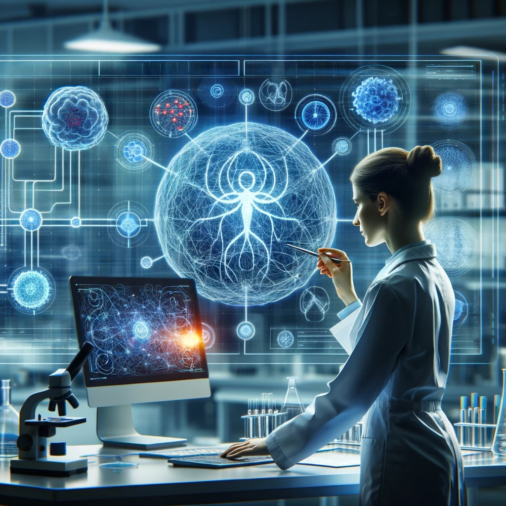 A feminine figure in a lab, examining a complex network of feedback mechanisms on a digital screen, symbolizing the interplay of the systems