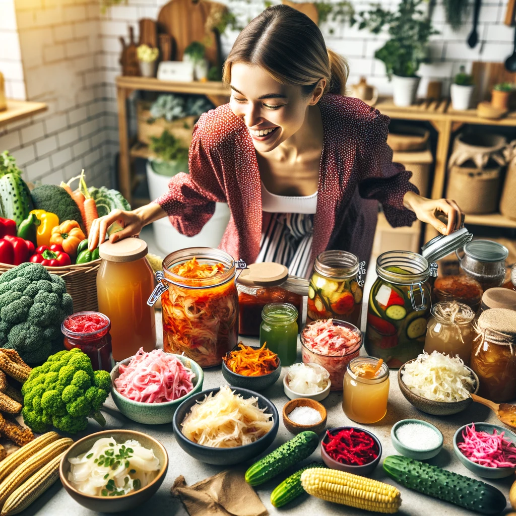 A woman embarking on a culinary adventure surrounded by an assortment of colorful fermented foods, including kimchi, sauerkraut, and kombucha