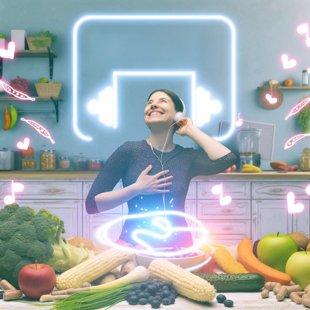 Artistic representation of a joyful woman surrounded by various healthy foods, probiotics, and prebiotics that symbolize her gut's favorite playlist