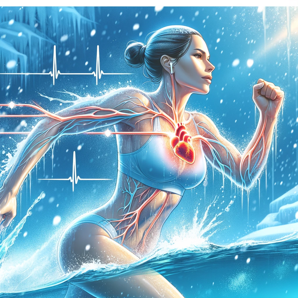 Illustrate a female figure experiencing cardiovascular conditioning through cold exposure