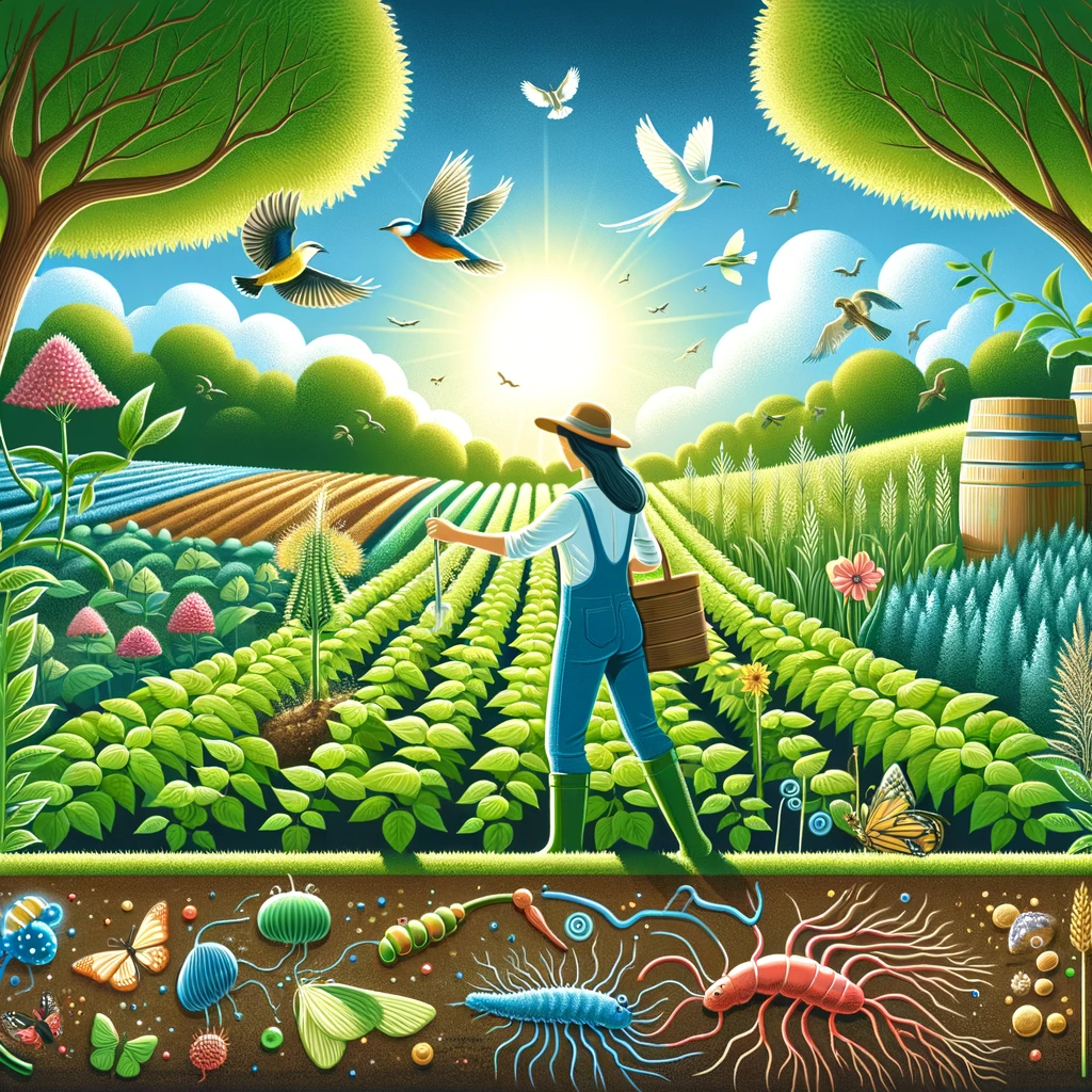 Illustrate a woman engaging in sustainable farming practices in a vibrant, biodiverse farm setting. She is tending to crops without the use of chemicals