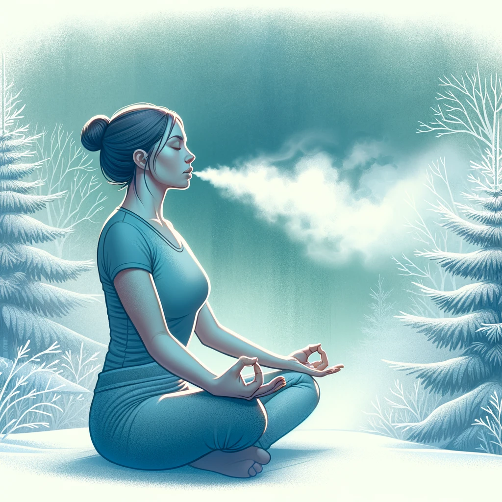 Illustrate a woman practicing Diaphragmatic Breathing in a serene, natural setting, symbolizing breathwork in cold exposure