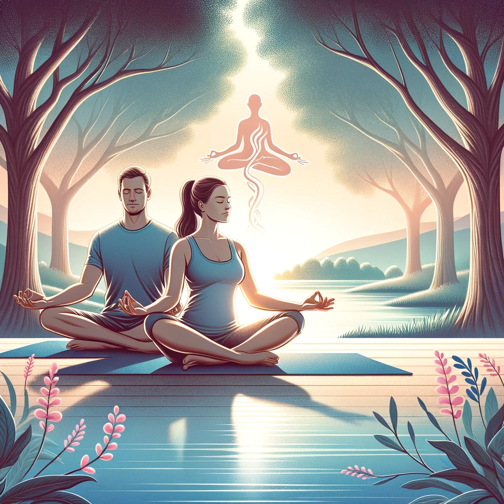 The Journey to Parenthood: Preparing Your Body Naturally. Illustration of a couple practicing yoga or meditation together in a peaceful outdoor setting