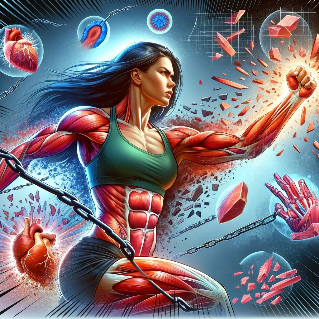 Catabolic and Anabolic States: Illustration of a dynamic scene depicting the catabolic state, showing a female athlete in intense workout mode