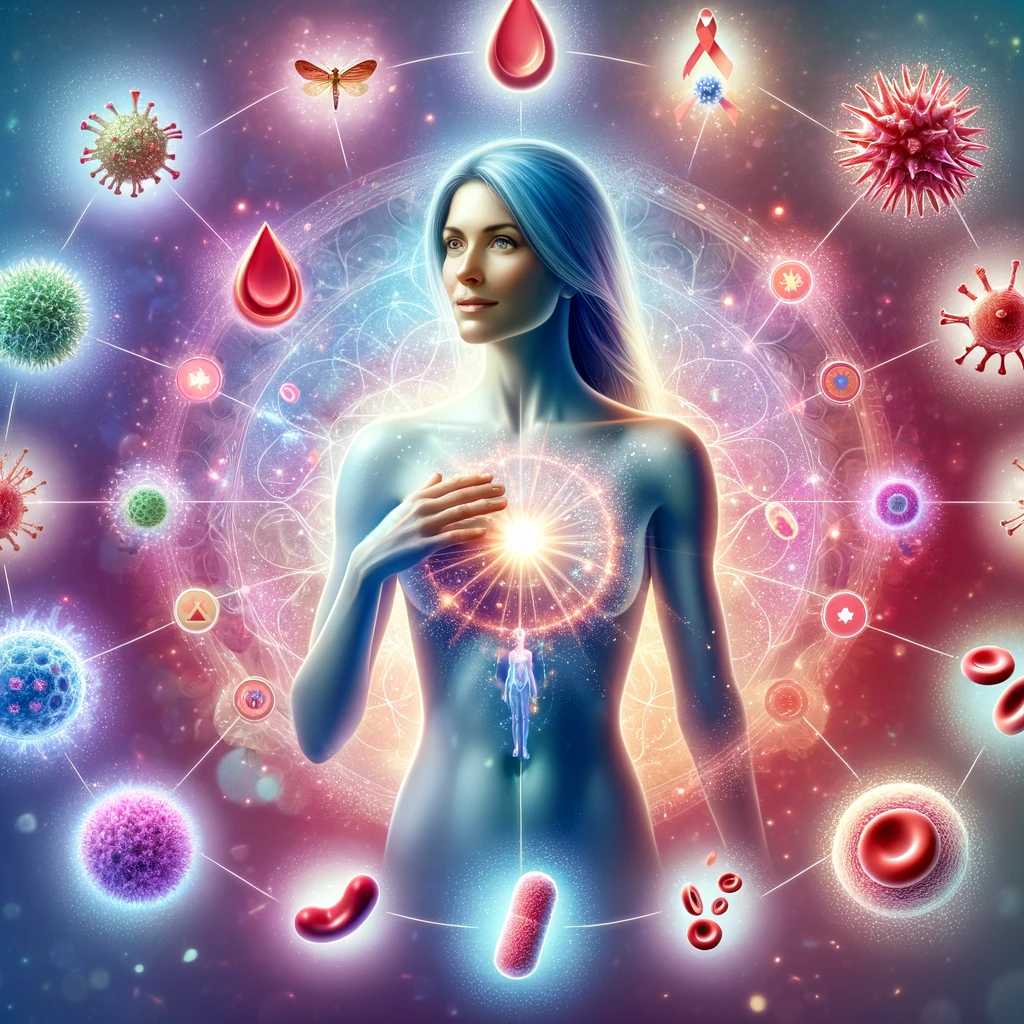 Illustration of a female figure surrounded by symbols of immunity enhancement, like white blood cells and antibodies, in a vibrant and healthy environment