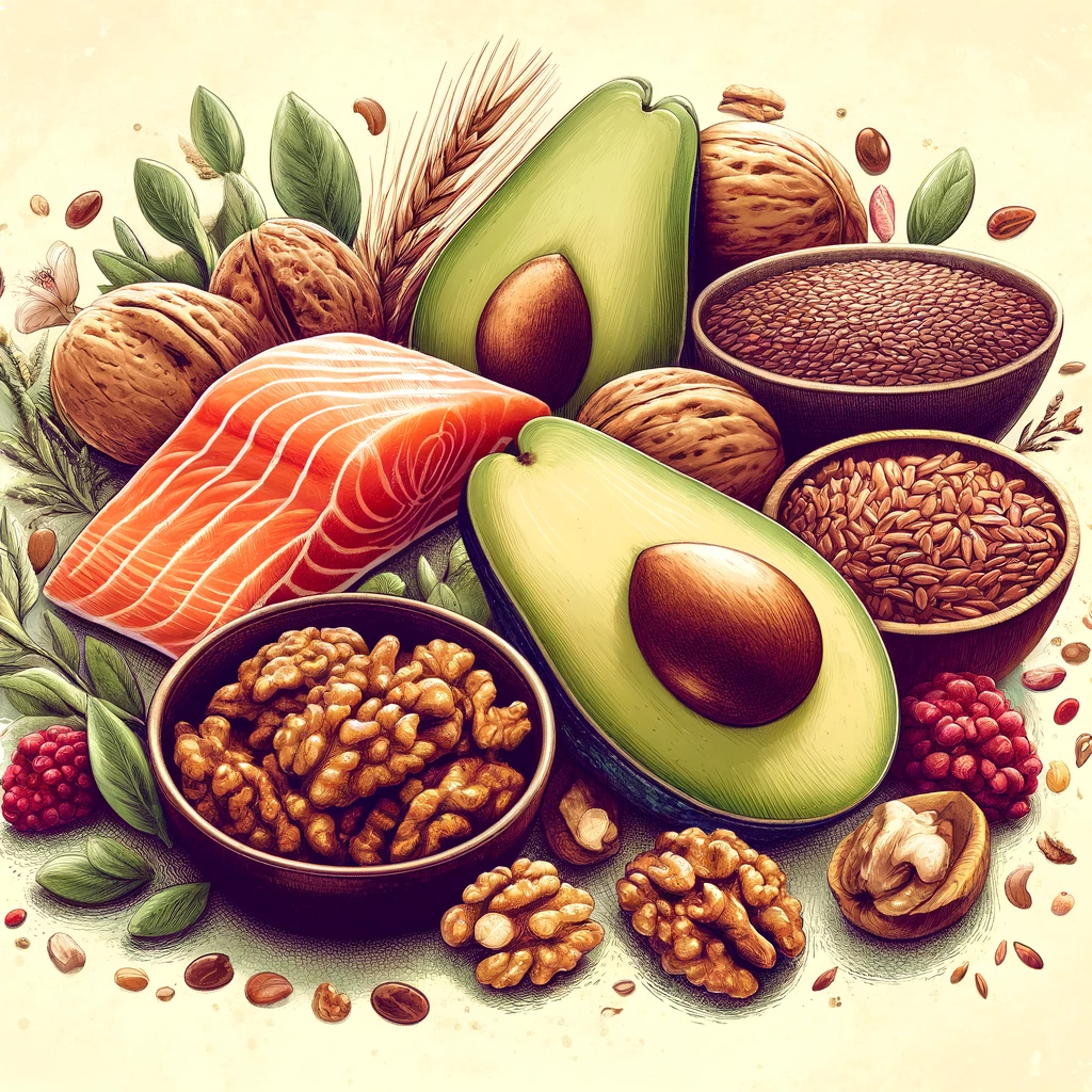 Illustrate a selection of superfoods high in essential fatty acids, like avocados, walnuts, flax seeds, and salmon