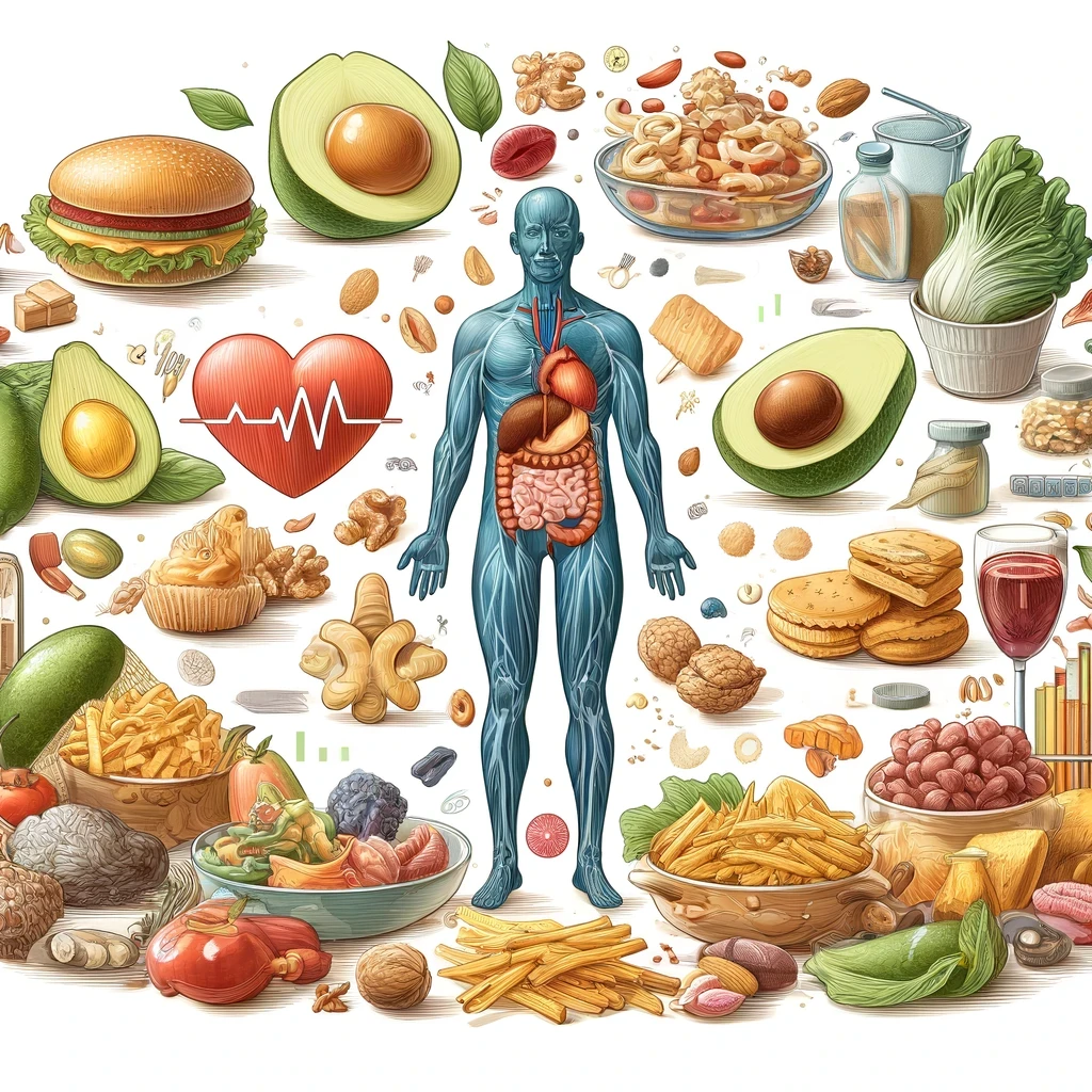 Illustration of Fats in Food_ Impact on Health and Metabolism, showing various foods high in fats like avocados, nuts, and fried foods