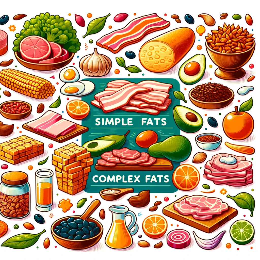 Illustration showcasing a variety of foods high in simple and complex fats