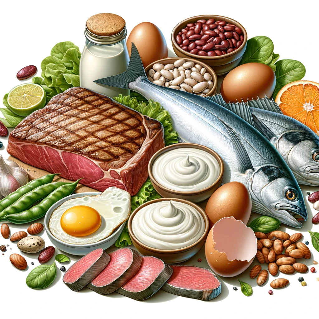 illustration of protein sources, displaying foods like steak, fish, eggs, beans, and yogurt